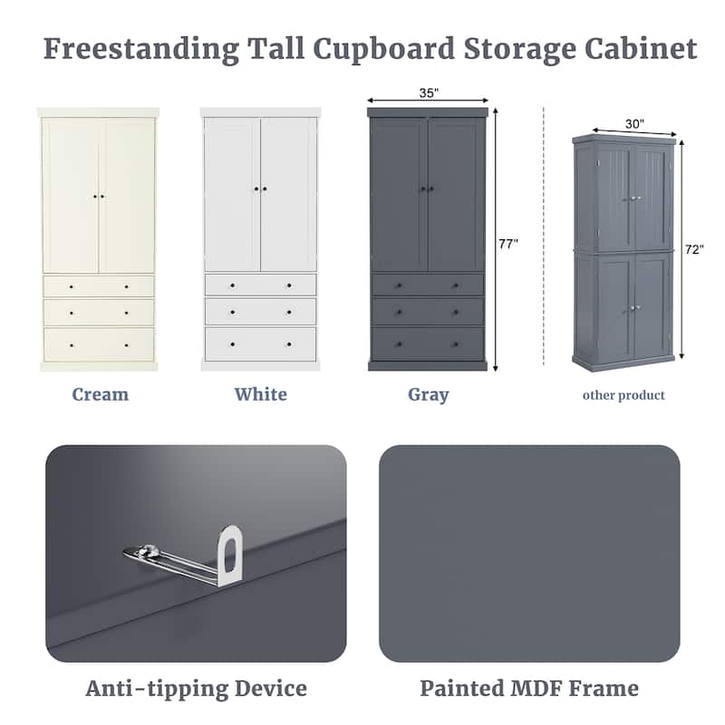 77" Farmhouse Kitchen Pantry, Freestanding Tall Cupboard Storage Cabinet with 3 Adjustable Shelves, 8 Door Shelves, 3 Drawers