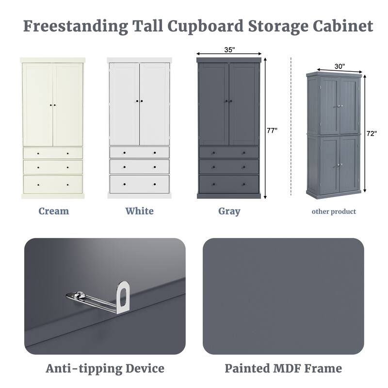 Tall Farmhouse Pantry with 3 Drawers, Adjustable Shelves & Door Storage for Organized Kitchen Space