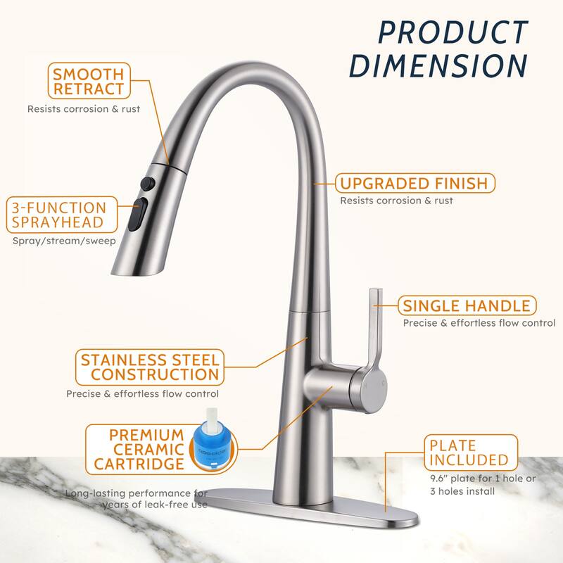 WOWOW 17.7 in. Single Handle Pull Down Sprayer Kitchen Faucet