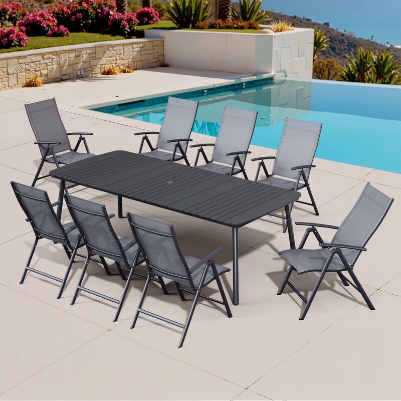 Outdoor Patio Dining Table Rectangular Aluminum with Durable Adjustable Reclining Folding Chair