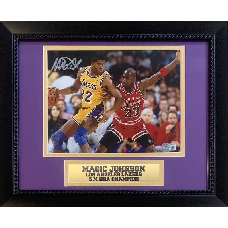 Magic Johnson Autographed Los Angeles Lakers Signed Basketball 8x10 Framed Photo vs Michael Jordan Beckett COA - 8'6" x 11'6"