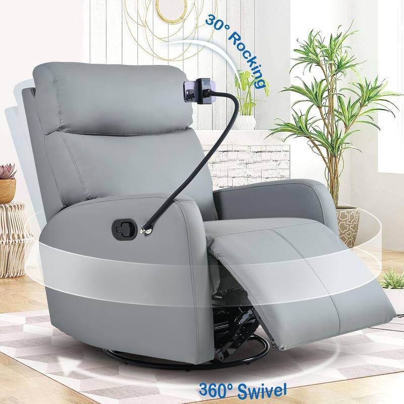 PU Leather 360° Swivel Rocker Recliner with Phone Holder