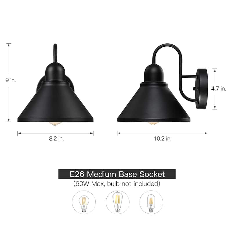 1-Light Black Outdoor Wall Sconce Gooseneck Barn Light set of 2 - 8.2in wide