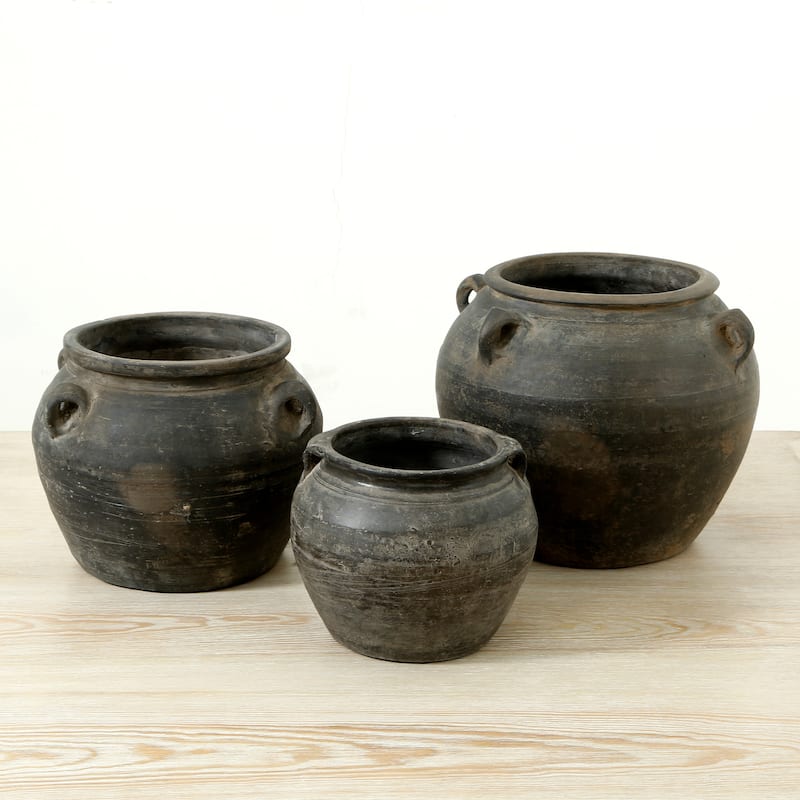 Artissance 14.2"W Large Gray Pottery Indoor Outdoor Vintage Water Jar w/4 Handles, Home and Garden Decor (Color & Size Vary)