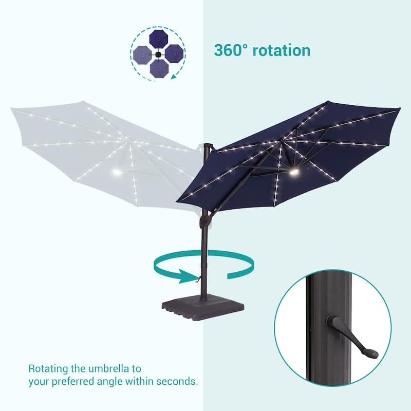 Bonosuki 11Ft Aluminum LED Cantilever Patio Umbrella with Base for Patio Deck Garden