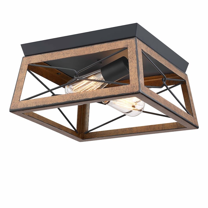 2-Light Black Metal and Wood Flush Mount - 12" - Brown