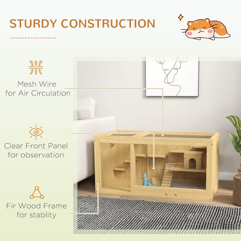 Natural Fir Wood Dwarf Hamster Cage with and Removable Tray Seesaw and Water Dispenser - 39.25" L x 19.75" W x 19.75" H