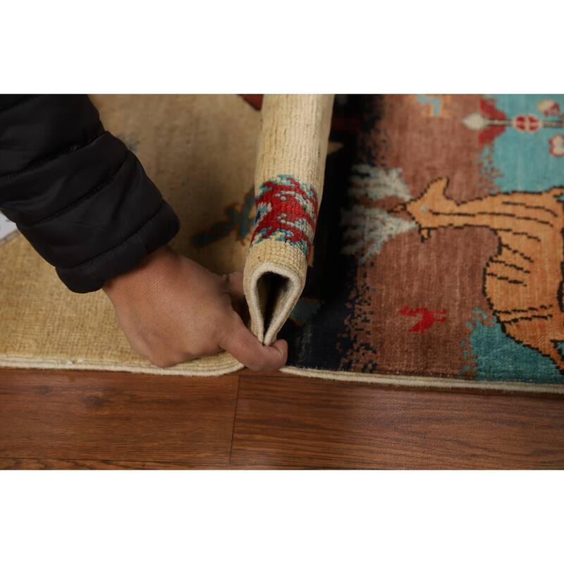 Animals Pictorial Kazak Oriental Foyer Rug Hand-Knotted Wool Carpet - 2'0" x 3'0"