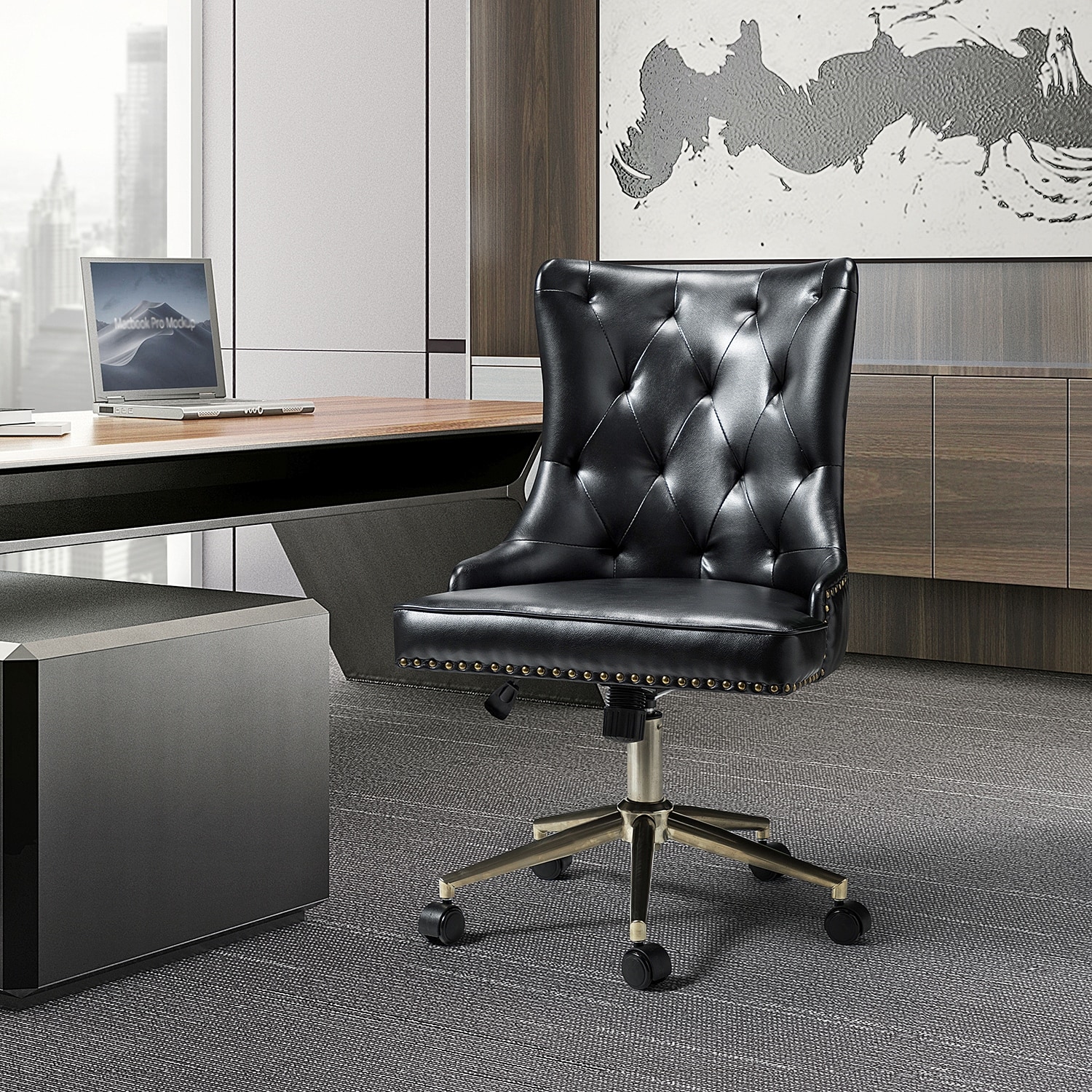 Black leather tufted clearance office chair