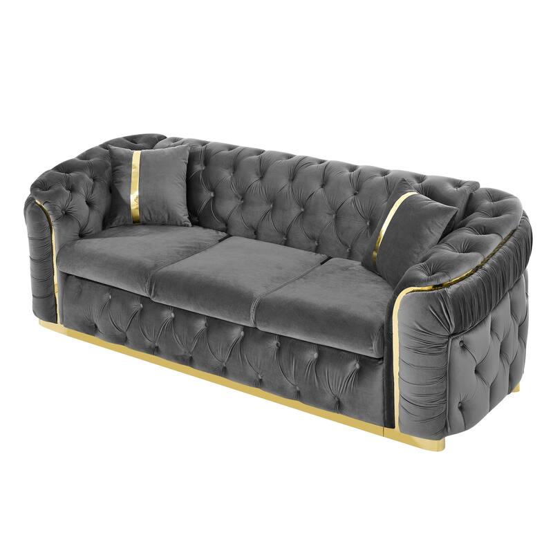 90.6″ Velvet 3-Seater Sofa with 2 Pillows, High-Density Foam & Gold Accents