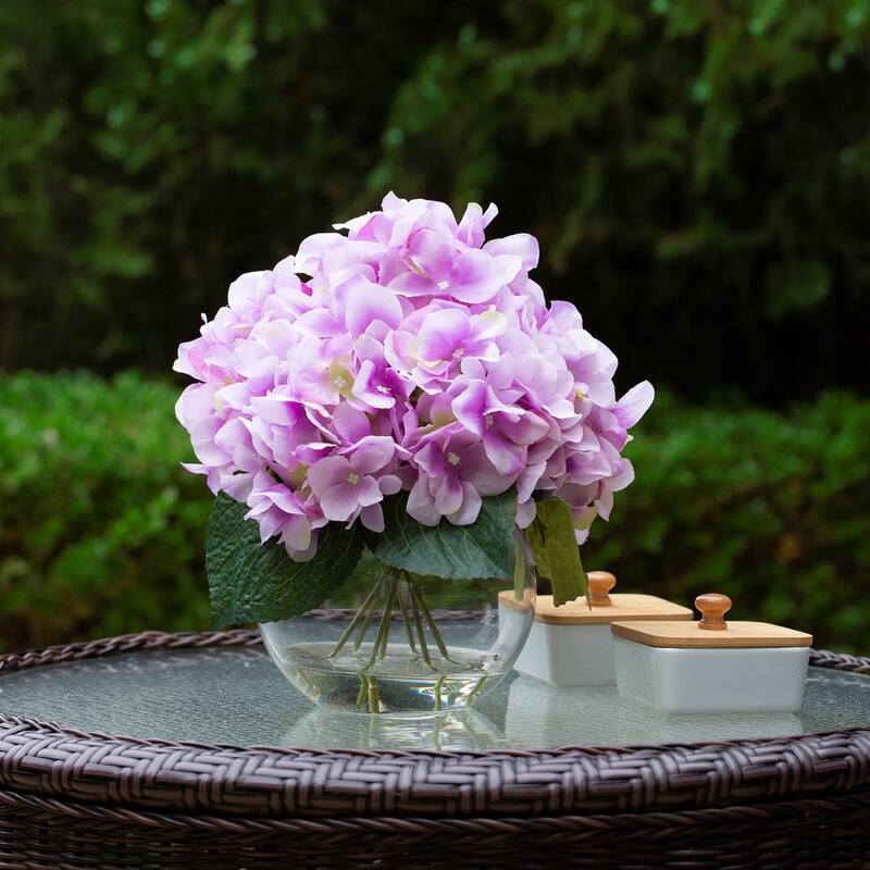Hydrangea Artificial Flowers in Round Glass Vase with Faux Water, Silk Flower Arrangements in Vase for Home Decor, Wedding Table - Light Purple