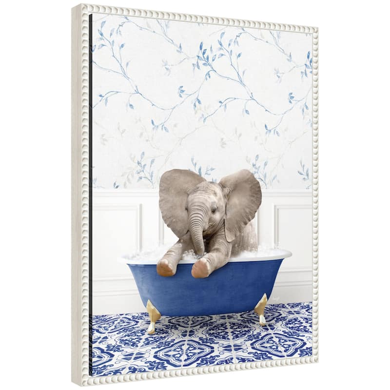 Kate and Laurel Sylvie Baby Elephant No6 in Eclectic Blue Bath Framed Canvas by Amy Peterson - 18x24