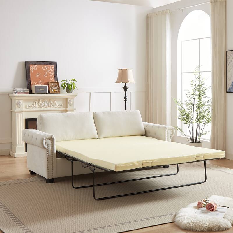 Beige 83.8" 2-in-1 Polyester 3-seater Nailheads Convertible Pullout Sofa Bed with Folding Mattress for Living Room