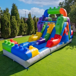 HeroKiddo 12 FT Block Party Dual Lane Backload Inflatable Water Slide with Attached Pool & Air Blower, Commercial Grade, Outdoor
