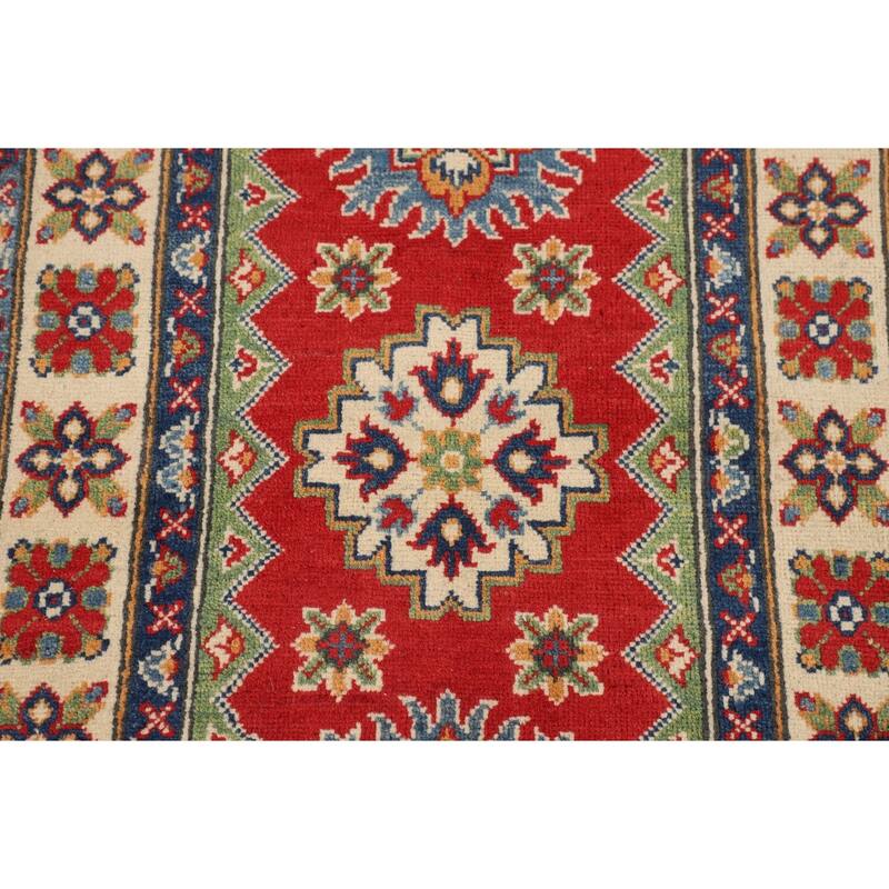 Kazak Foyer Rug Hand-Knotted Red Geometric Wool Carpet - 2'6" x 4'1"
