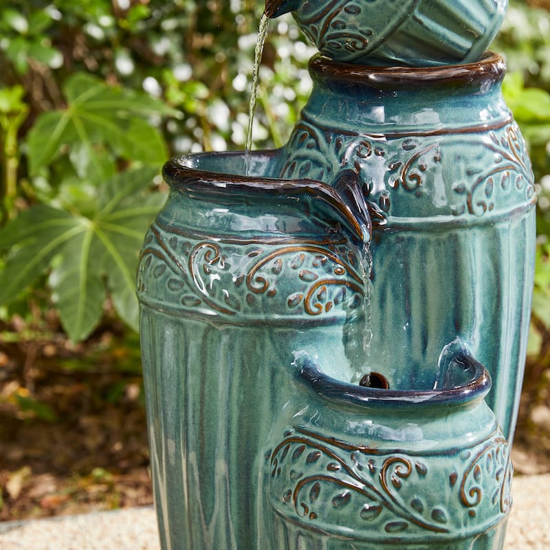 Glitzhome 27"H/35"H 4-Tier Embossed Pattern LED Ceramic Pots Fountain