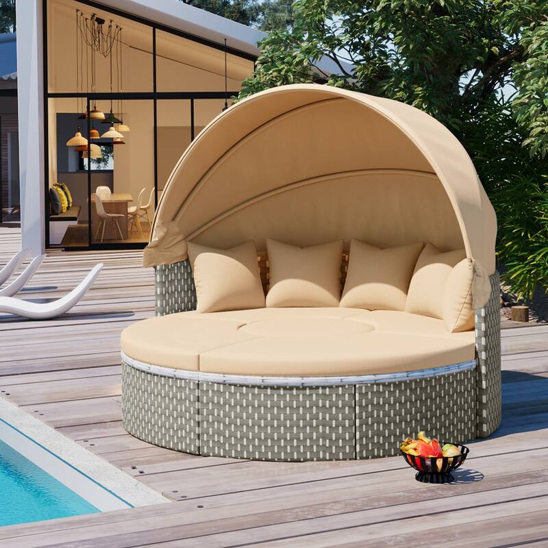 5-Piece Sectional Sofa Set, Round Rattan Outdoor Daybed with Retractable Canopy and Adjustable Table,with Cushions & Pillows