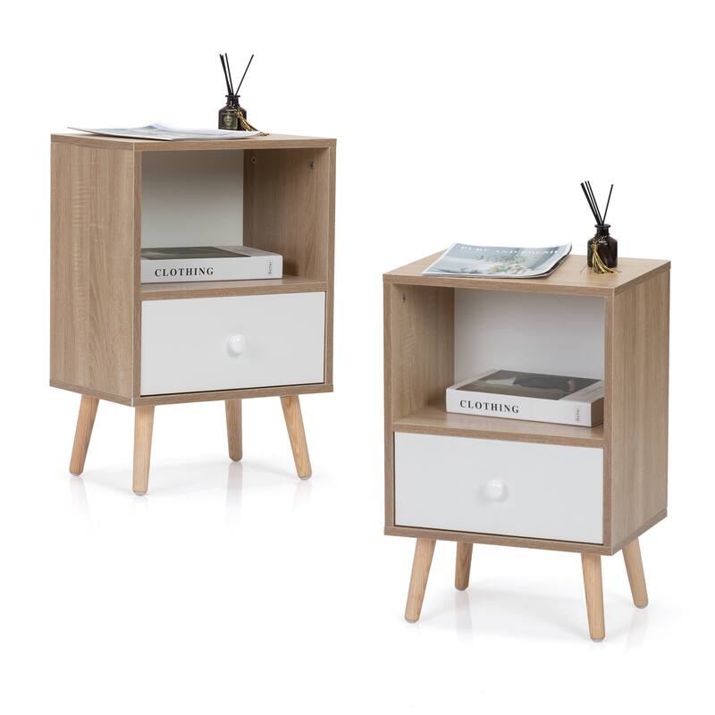 Mid-Century Wood Nightstand Set Of 2, Bed Sofa Side Table With Drawer And Shelf, Modern End Table Office - Natural+White