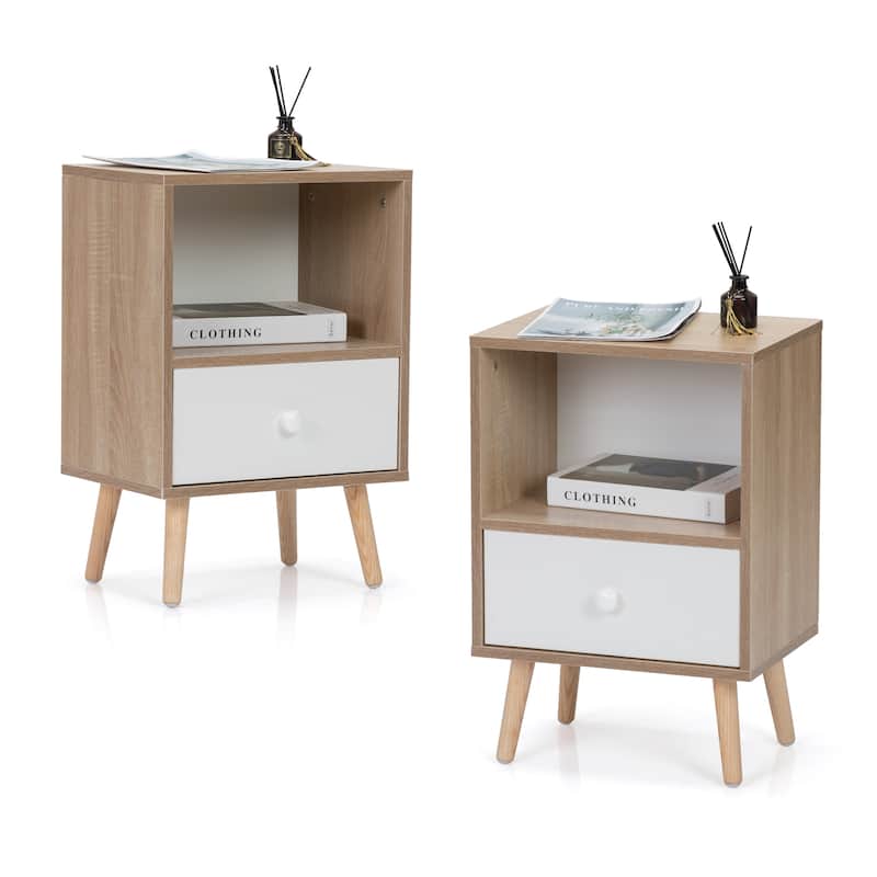 Set of 2 Mid-Century Wood Nightstand, Bed Sofa Side Table with Drawer and Shelf