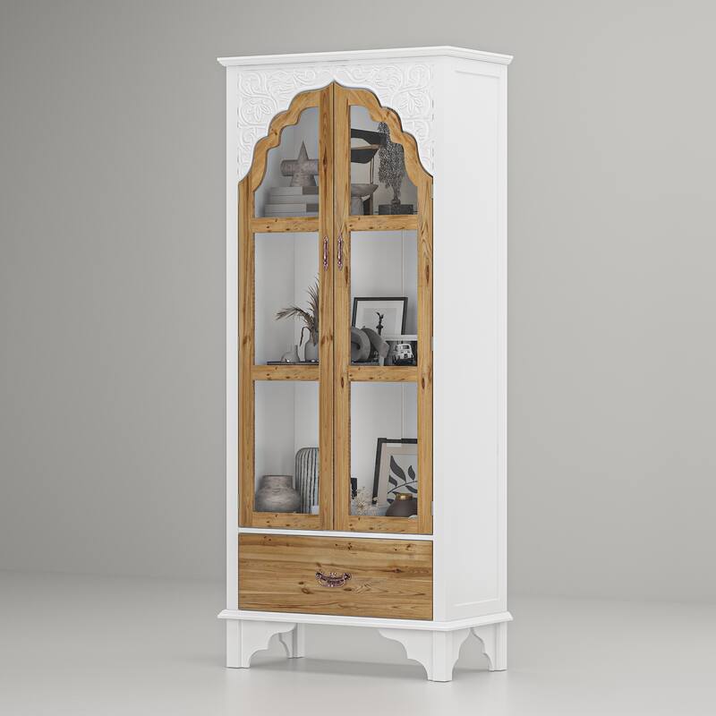 Boho Wood & MDF Display Cabinet with Tempered Glass Doors, Carved Arch Frame & Metal Handle Drawer