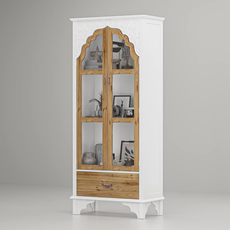 Oak Finish Wooden Curio Cabinet Display Storage Case Bathroom Cabinet - 70.9"Hx31.5"W