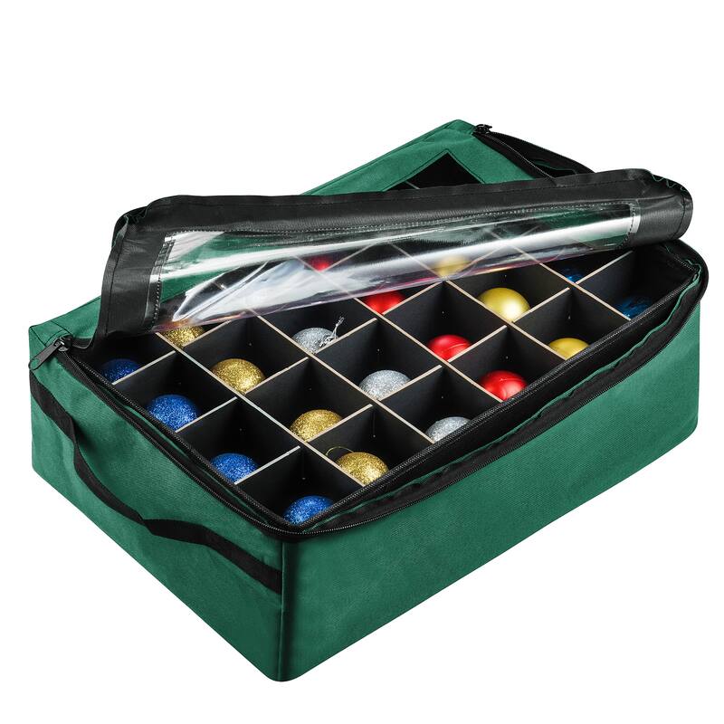 Ornament Storage Box - Zippered Organizer with 48 Individual Compartments and Dividers by Tiny Tim Totes (Green)