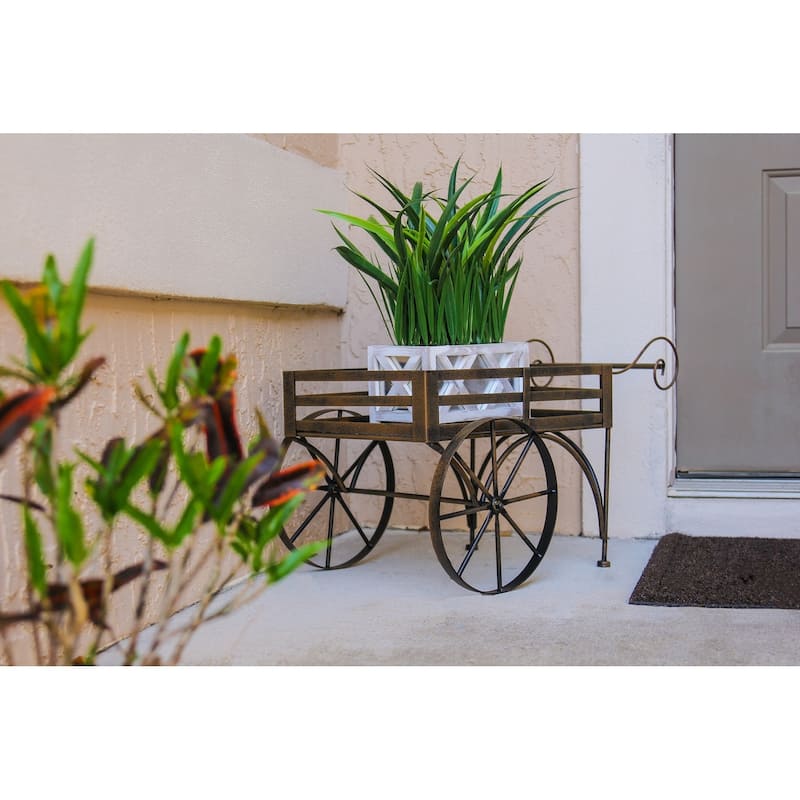 Zeckos 26 Inch Brown Metal Wagon Cart Plant Stand Indoor/ Outdoor - 14.75 X 25.5 X 14.25 inches