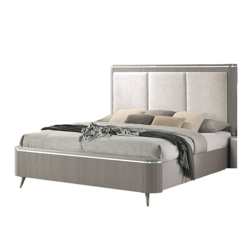 Gema Queen Bed, Channeled Upholstery, Reeded w Silver Line, Light Gray
