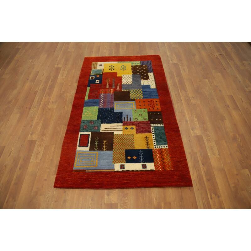 Hand Knotted Oriental 100% Wool Carpet Modern Geometric Multi-Colored Gabbeh Area Rug - 5' 1'' X 3' 0''