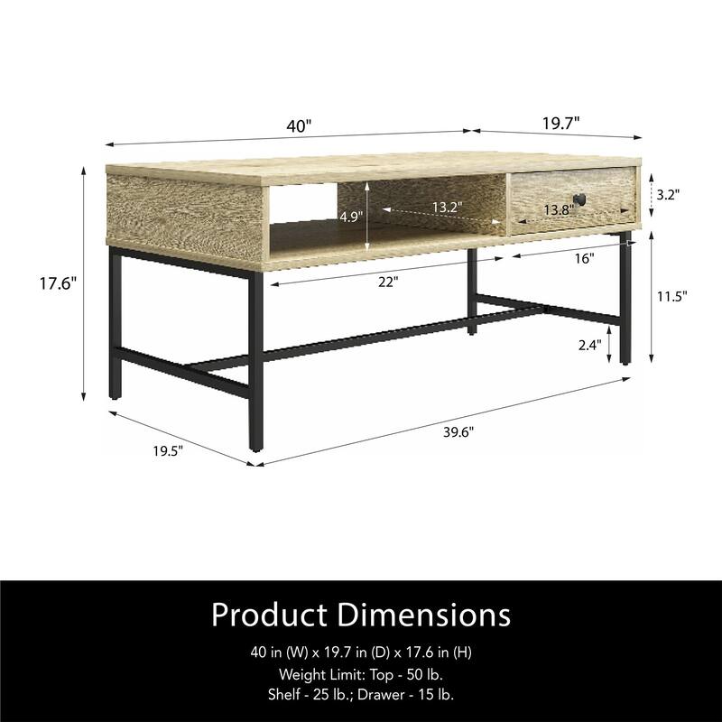 Roomfitters Brookville Coffee Table with Pass-Through Shelf and Side Drawer, Natural Wood