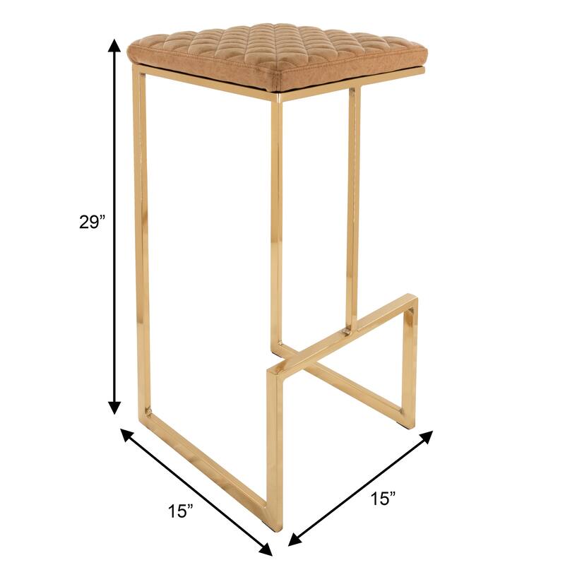 Quincy Modern Leather Barstool with Upholstered Square Seats in Gold Metal & Footrest for Home Bar & Kitchen Counter