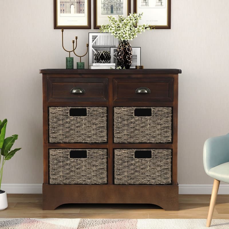 Rustic Acacia&Rattan Storage Cabinet-Farmhouse Style,No Assembly