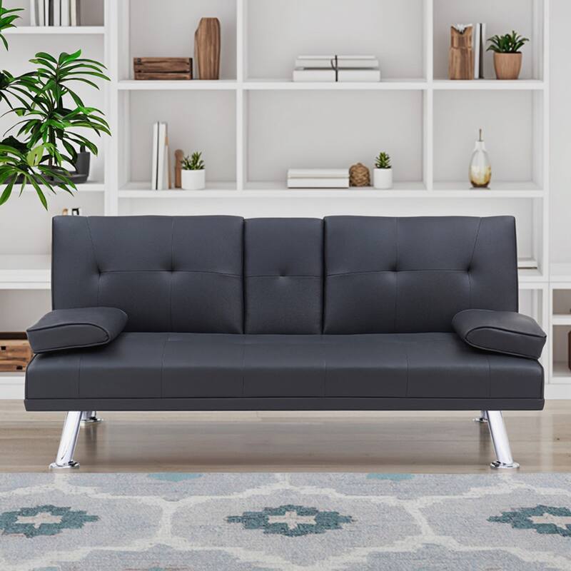 67-inch Leather Multifunctional Double Folding Sofa Bed with Tea - Black