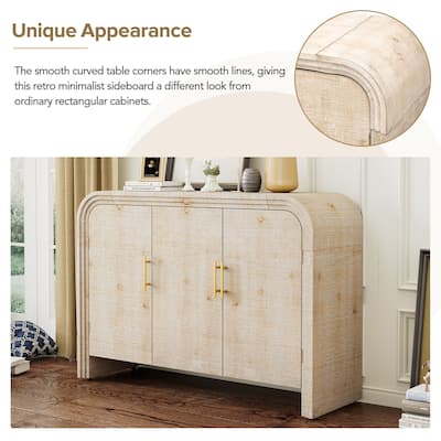 Curved Sideboard w/ Adjustable Shelves Storage Cabinet, Livingroom Entry Cabinet Console Table Buffet Cabinet, Natural Wood Wash