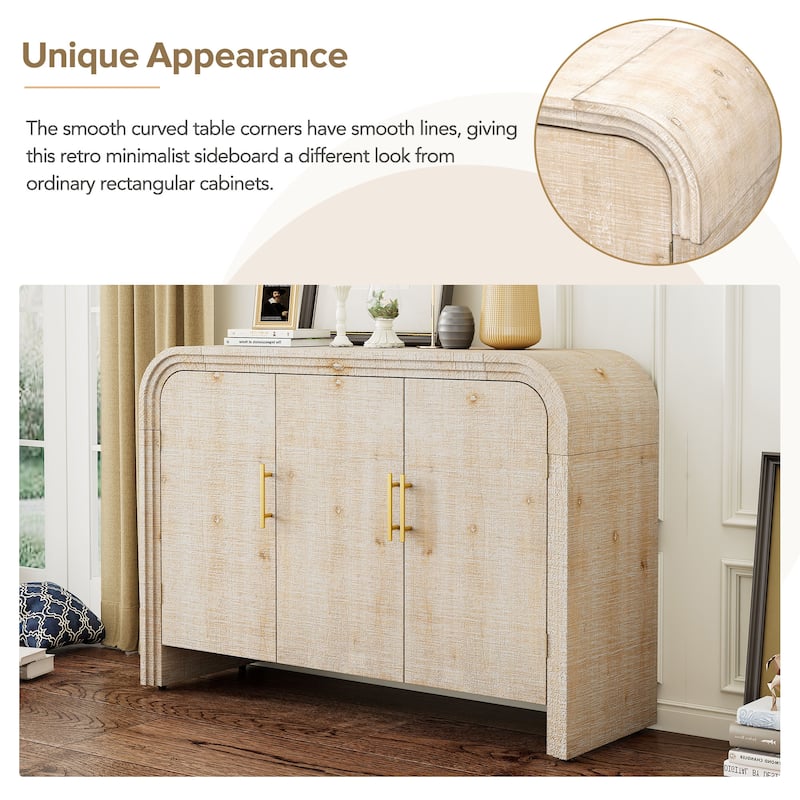Retro Sideboard Storage Accent Cabinet with Gold Pulls, Adjustable Shelves, and Smooth Curved Design for Living Dining Room