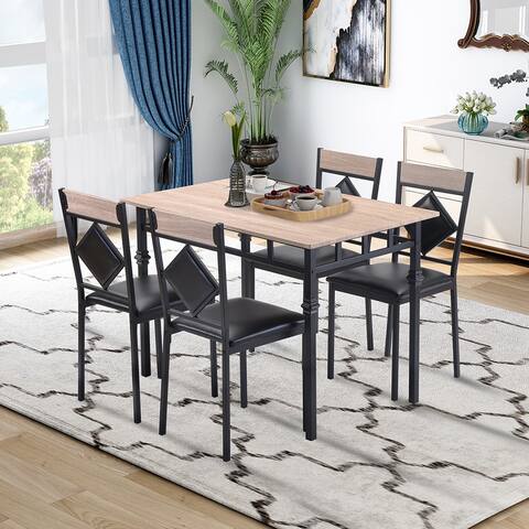 5 Piece Dining Table Set Wood Kitchen Table and 4 Leather Dining Chair