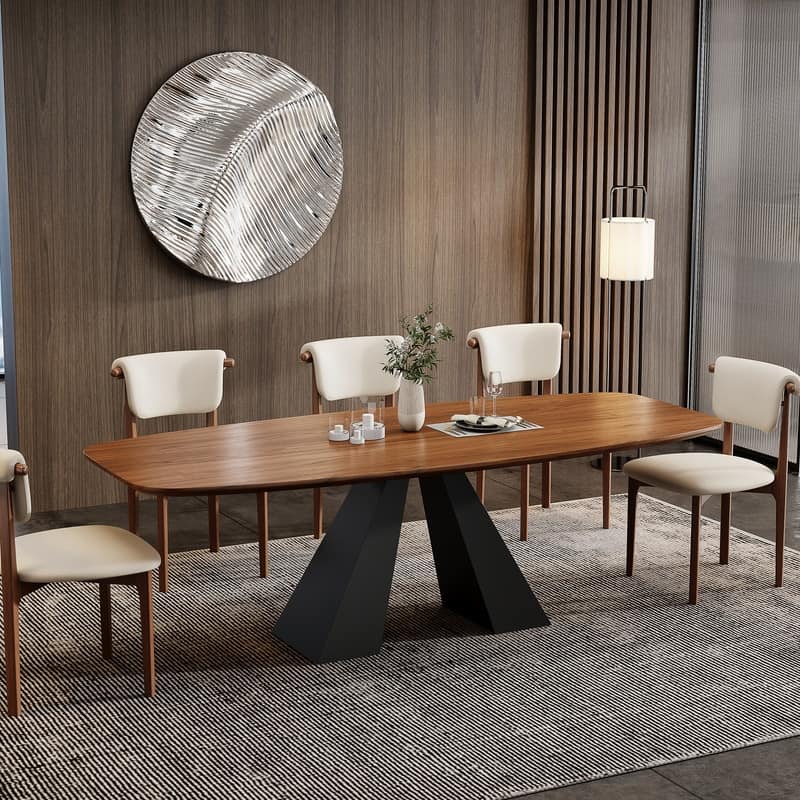 86" Mid Century Modern Dining Table, Brown Solid Wood Tabletop with Black Stainless Steel Legs, Retangular DiningTable for 8-10