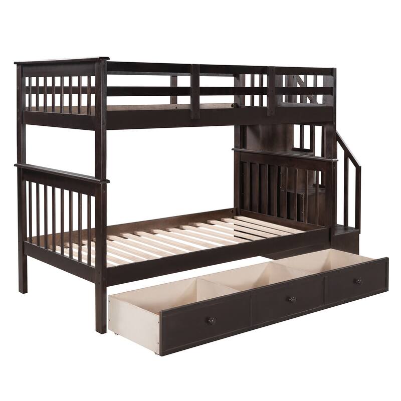 Twin Pine Stairway Bunk Bed with Drawers and Guardrails, Convertible to Two Beds
