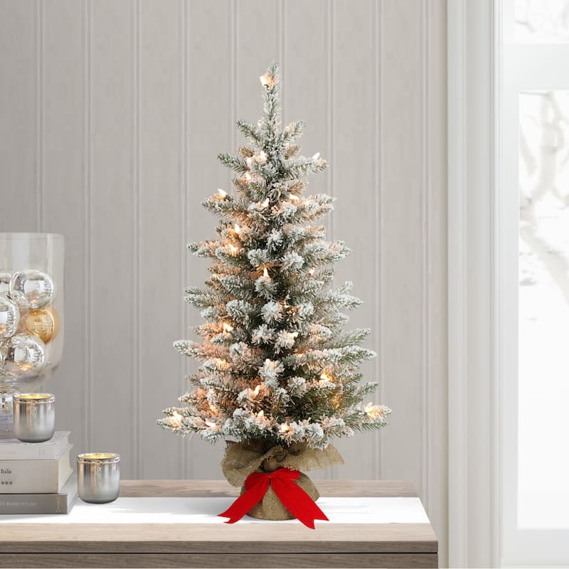 Puleo International Pre-Lit 3' Flocked Fraser Fir Artificial Christmas Tree - Green