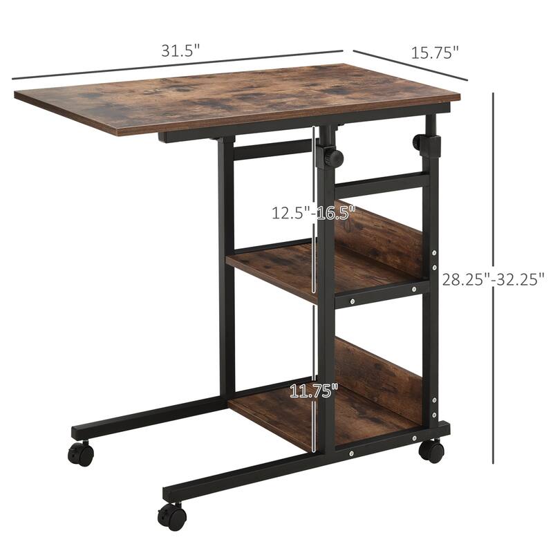 C-Shaped Mobile Side Table with 3-Tier Shelving, Adjustable Height