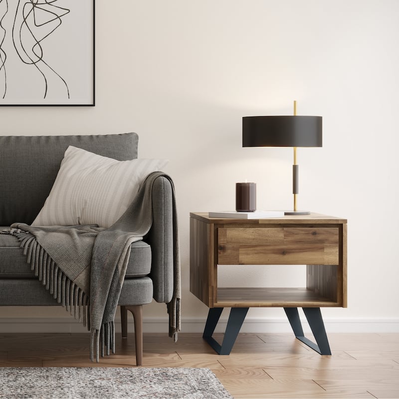 WYNDENHALL Mitchell SOLID WOOD / Metal 22 inch wide Square Modern Industrial End Table - 22 W x 22 D x 22 H - Distressed Golden Wheat