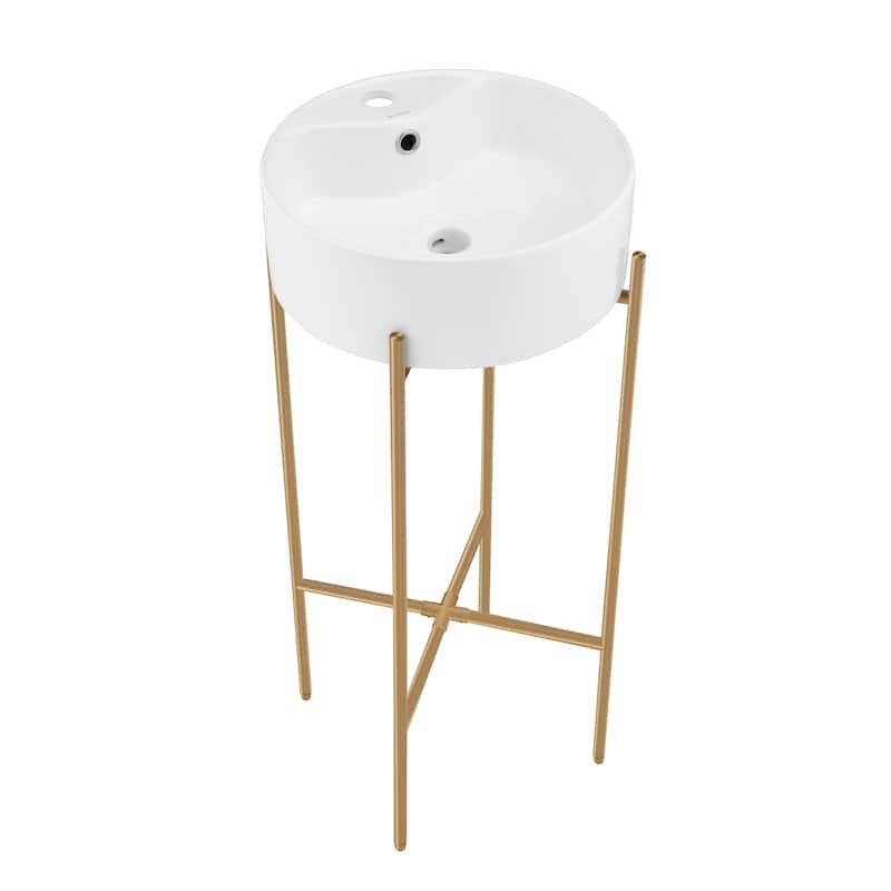 Monaco 15.75" Round Console Sink With Faucet Mount, White Basin Brushed Gold Legs - 15.75" x 15.75" x 5.51"
