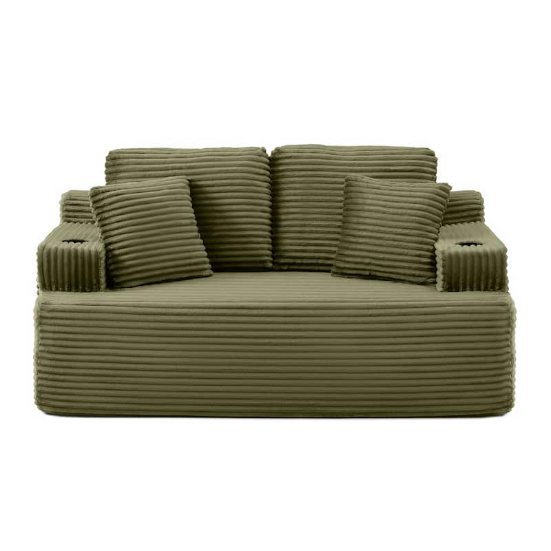 Anmytek Green Corduroy 66.5 Inch Boneless 2 Seater Floor Sofa with Cup Holders Side Pockets Extra Pillows No Assembly