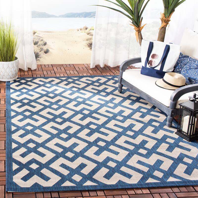 SAFAVIEH Courtyard Sytske Indoor/ Outdoor Waterproof Patio Backyard Rug - 2'7" x 5' - Navy/Beige