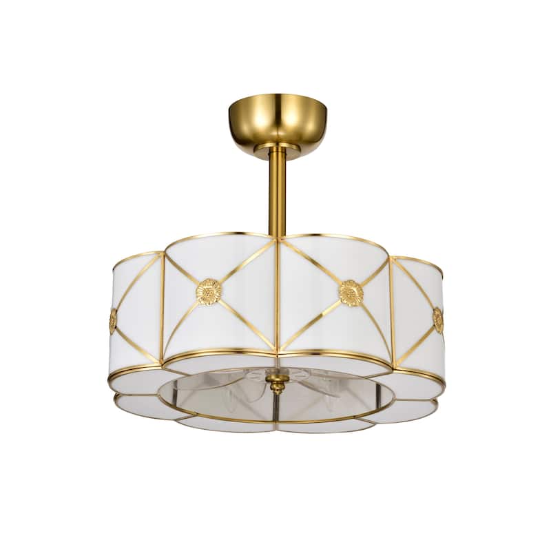 Strancta Scalloped Round White Gold Trim Tiffany Glass Lighted Ceiling Fandelier with Remote