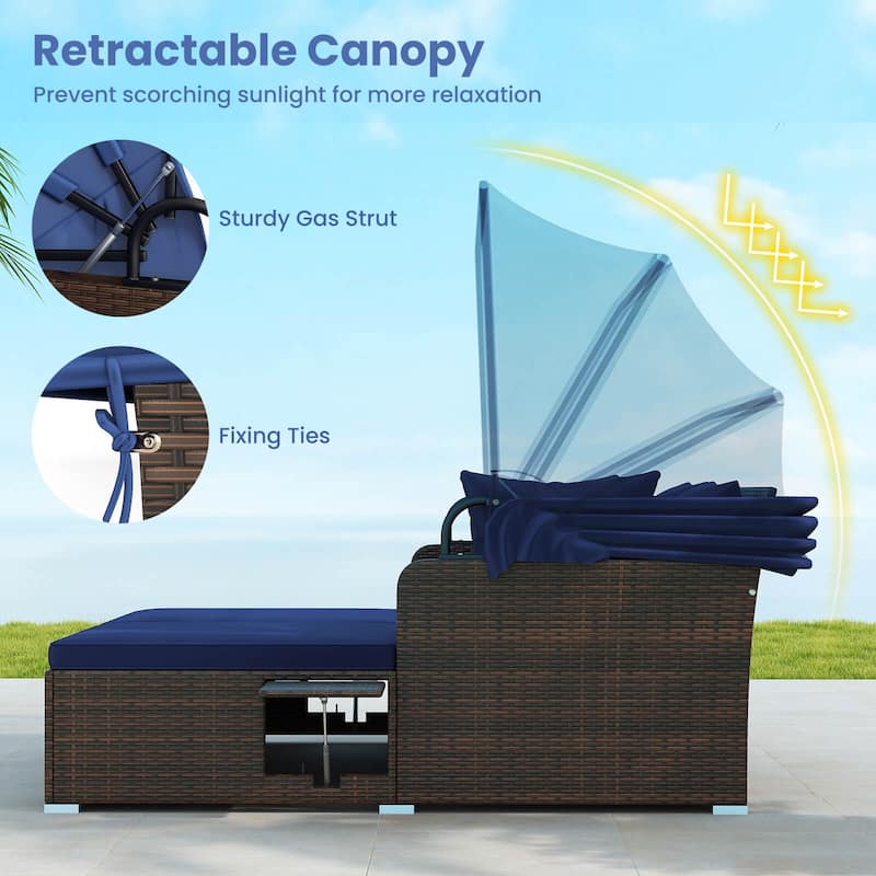 Costway Patio Rattan Daybed Lounge Retractable Top Canopy Side Tables - See Details
