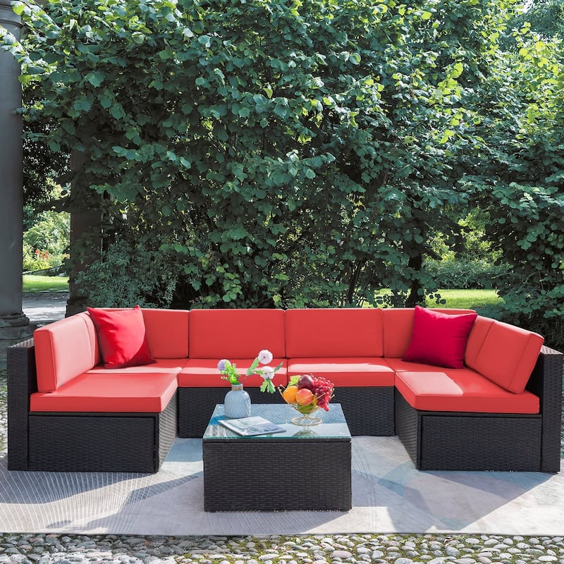 Lacoo 7 Pieces Outdoor Sectional Sofa Wicker Rattan Conversation Sets