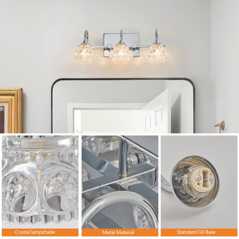 17" Modern Crystal Bathroom Vanity Light, 3-Light Wall Sconce with Clear Glass Shade, Elegant Wall Mount Lighting for Bathroom