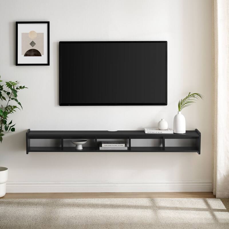 Modern Coastal Oak Wall-Mounted Floating TV Stand with Open Storage Cubbies for TVs up to 70 Inches - Black