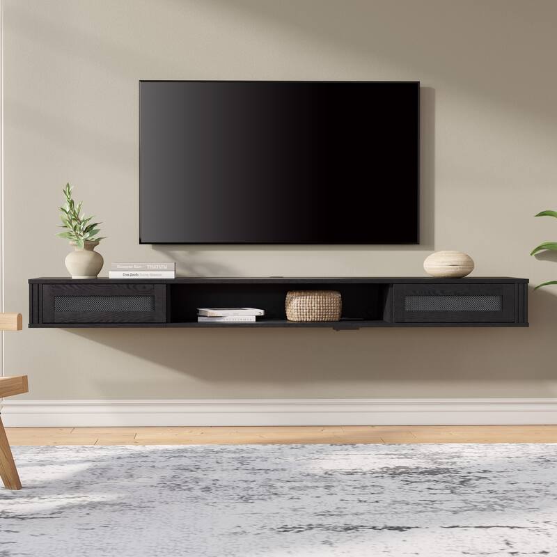 WAMPAT Floating TV Stand Shelf with Power Outlet and 2 Rattan Doors